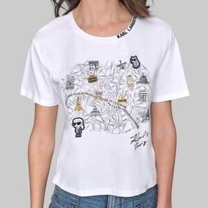 Karl Lagerfeld Paris Whimsy Logo Tee Shirt White Embroidered Charm Womens Size S